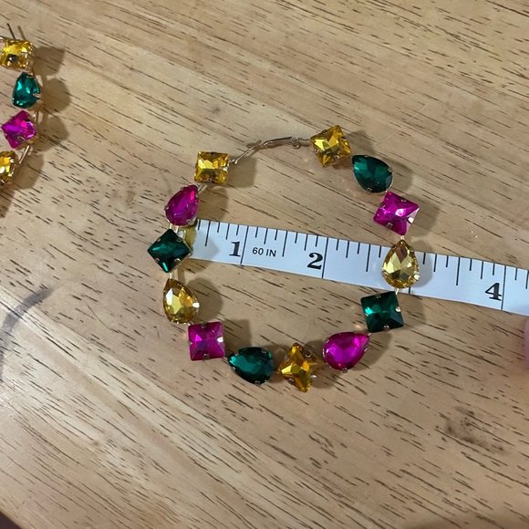 Colored crystal large hoop earrings gold tone 3x3 inch emerald green hot pink - Picture 6 of 14